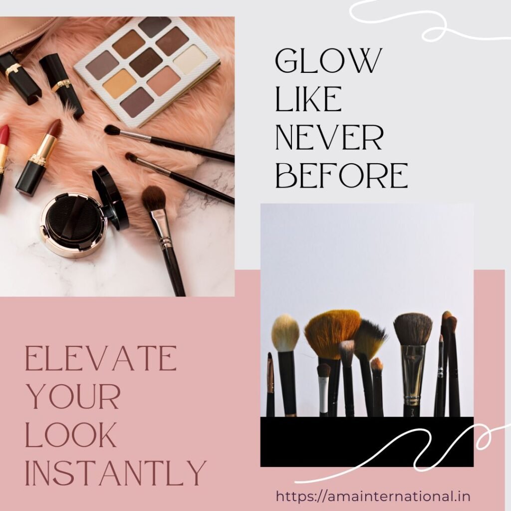 A makeup palette, lipsticks, brushes with text 'Glow like never before' and 'Elevate your look instantly'.