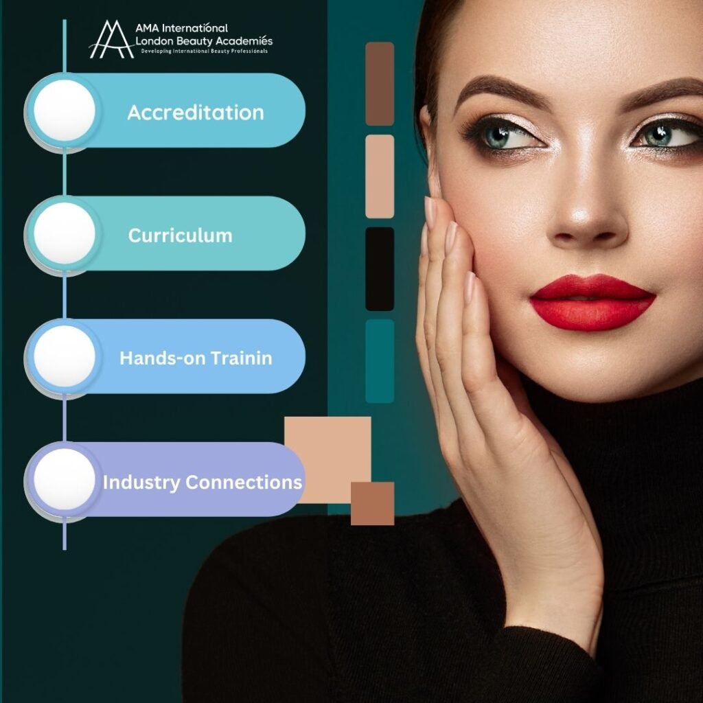 Woman with bold red lips next to infographic highlighting accreditation, curriculum, hands-on training, and industry connections for beauty academies.