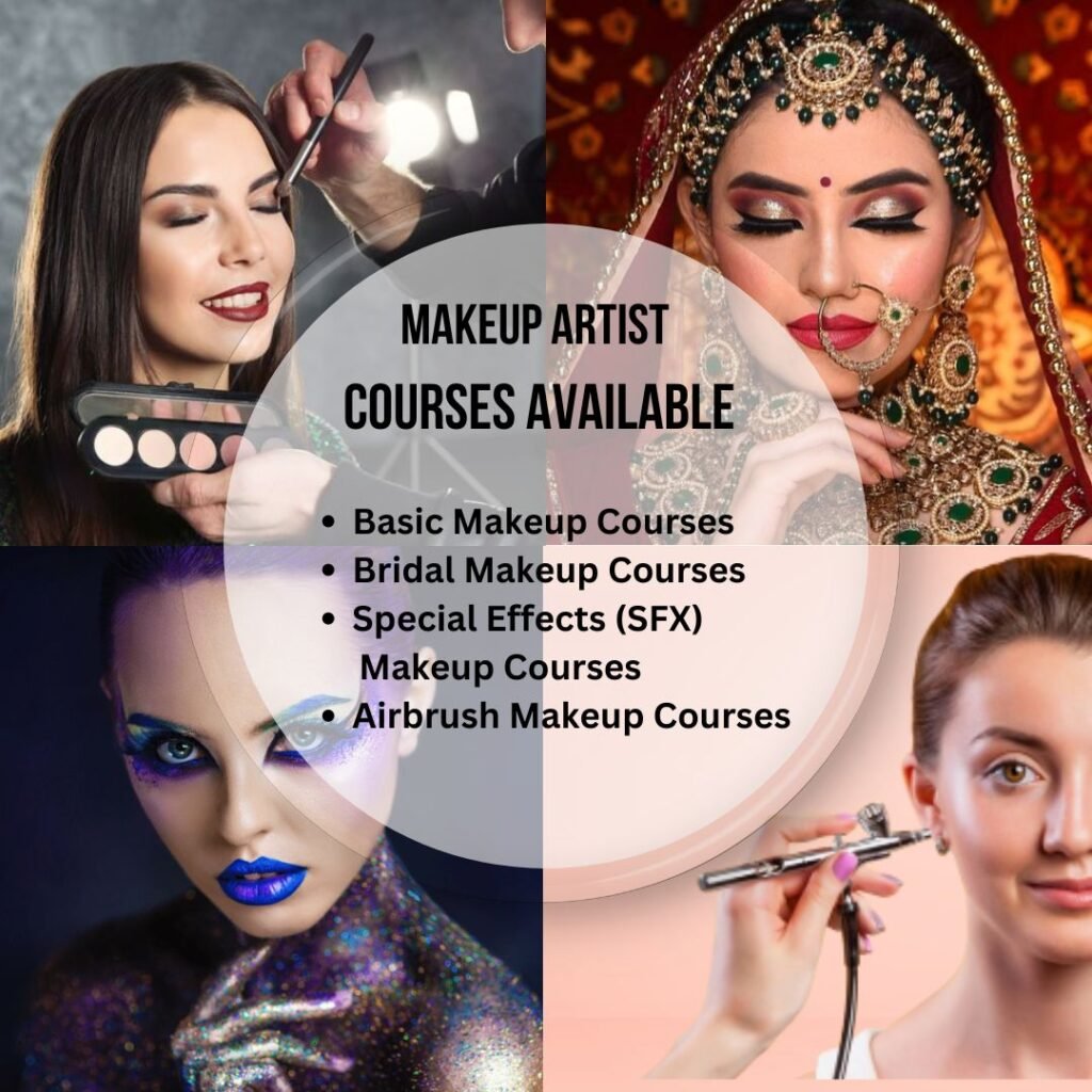 Collage showing various makeup artist courses: bridal, SFX, airbrush, and basic makeup.