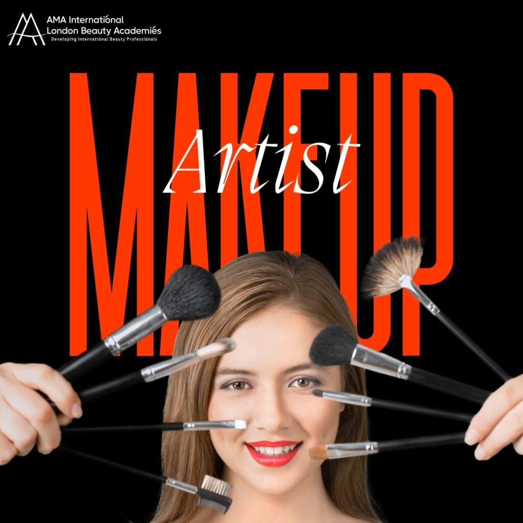 Woman smiling with multiple makeup brushes around her face with bold 'Makeup Artist' text.